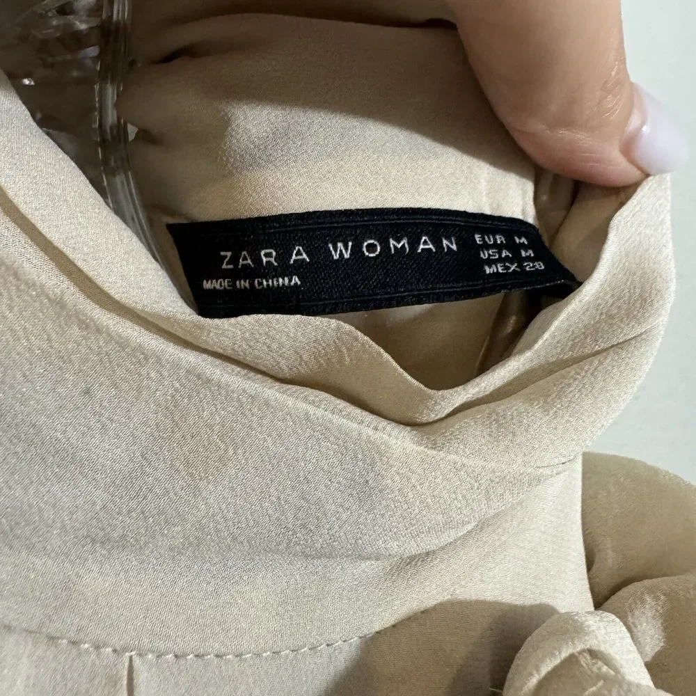 Zara Women's Size Small Silk Dress Mock Neck Nude Rosette Medium - Picture 3 of 4